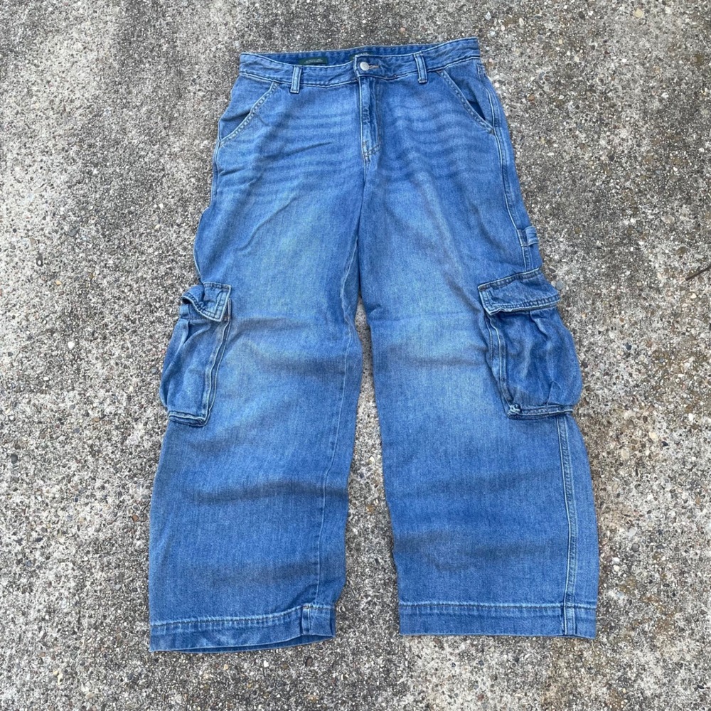 Wild Fable Mid-Rise Baggy Cargo Jeans Blue Wide Leg Utility Pants Women's 10/R